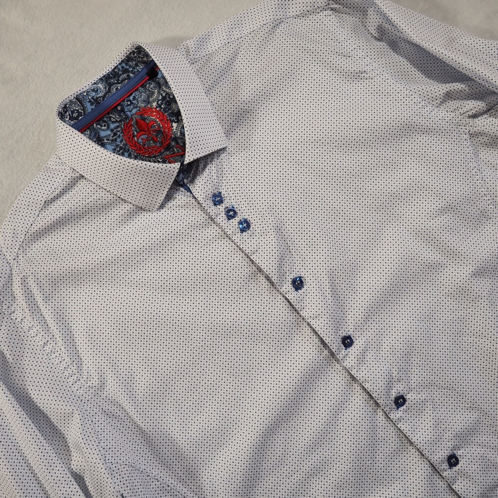 Au Noir Sz 5 Men’s White Micro-Print Dress Shirt with Blue Accents 100% Cotton